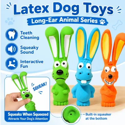 Wholesale Latex Squeaky Dog Toys for Interactive Play Latex dog toys with squeaky sound, teeth cleaning texture and long-ear animal designs