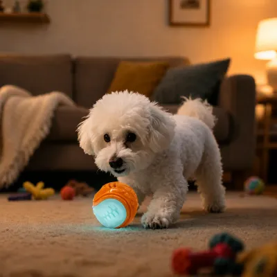 Interactive Light Up Dog Ball Toy for Indoor Play Small white dog playing with an orange and blue light up dog ball toy in a cozy living room.