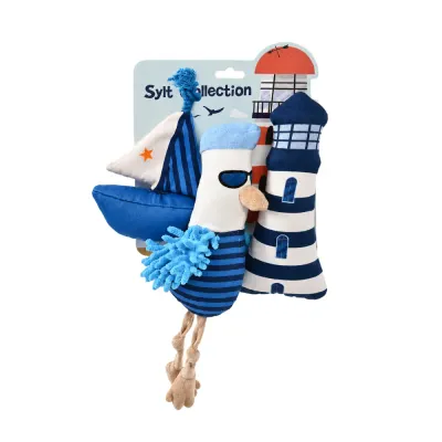Three-piece summer nautical dog plush toy gift set with sailboat, seagull and lighthouse designs