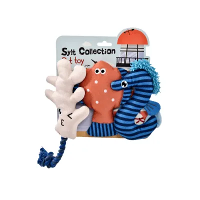 Summer nautical dog plush toy gift set with seahorse, coral and fish plush toys in retail packaging