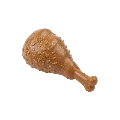 Chicken Drumstick Shaped Dog Chew Toy Product Image Chicken drumstick shaped dog chew toy in brown color with textured chewing surface