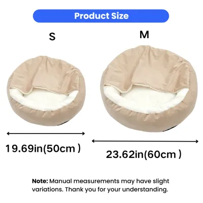 Shell cat bed size chart showing S 19.69 inch and M 23.62 inch options