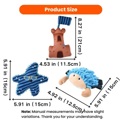 Size chart for Sylt Collection dog plush toys showing sandcastle, starfish and crab plush toy dimensions in inches and centimeters