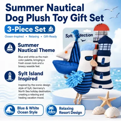 Summer nautical dog plush toy gift set with ocean-inspired blue and white design