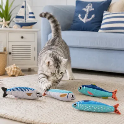 Cat playing indoors with summer ocean plush fish cat toys featuring soft fabric and crinkle paper sound.