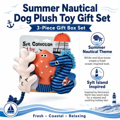 Wholesale summer nautical dog plush toy gift set with white and blue ocean theme and Sylt Island inspiration