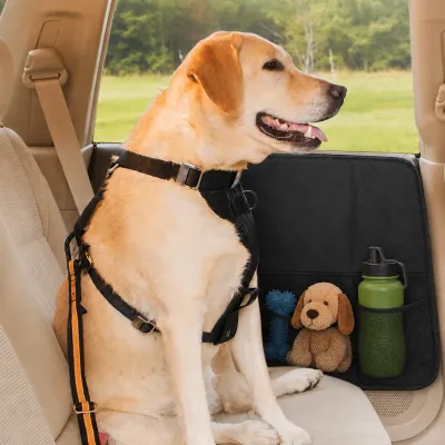Labrador sitting in a car beside a black dog car door protector with storage pockets for toys and water bottle.