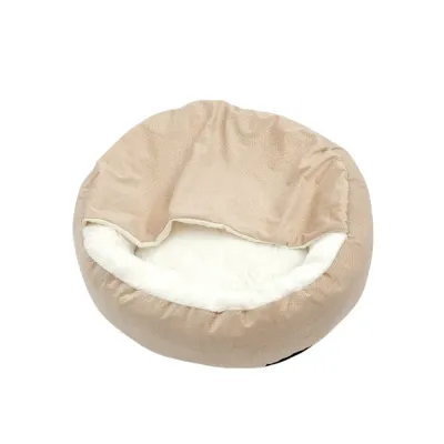 Beige semi-enclosed shell cat bed with soft white plush lining on a white background