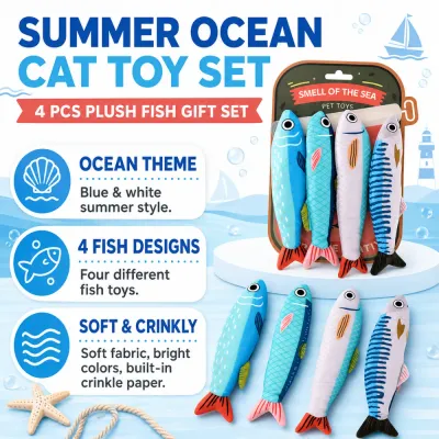 Summer ocean cat toy set with 4 plush fish designs, soft fabric, bright colors, and built-in crinkle paper.