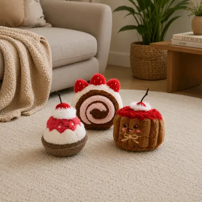 Three strawberry dessert dog plush toys displayed on a living room rug with cozy home decor