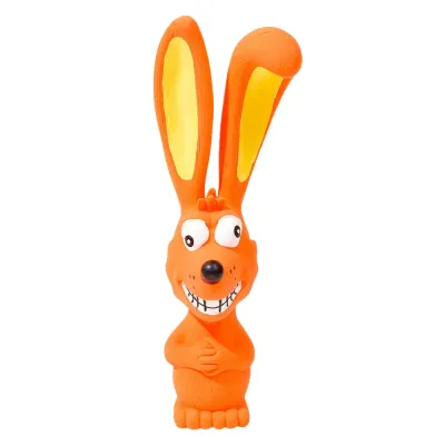 Orange Latex Long-Ear Squeaky Dog Toy Orange long-ear latex dog toy with funny animal face and squeaky design on white background