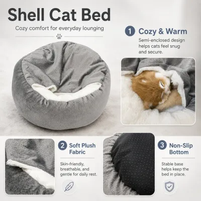 Grey shell cat bed detail image showing cozy design, soft plush fabric and non-slip bottom