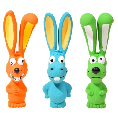 Wholesale Long-Ear Latex Dog Toys in Three Colors Orange, blue and green long-ear latex squeaky dog toys on white background