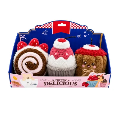 Strawberry dessert dog toy gift box with three plush toys in cake, cupcake and bread shapes