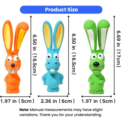 Wholesale Latex Long-Ear Dog Toy Size Chart Latex long-ear squeaky dog toys size chart with orange, blue and green animal designs