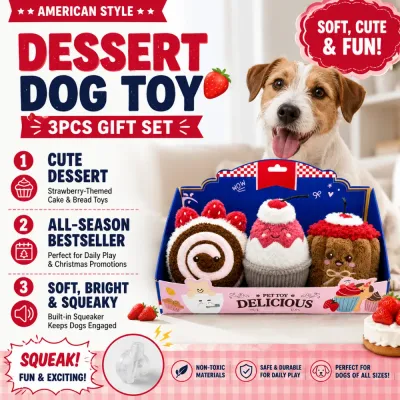 Wholesale dessert dog toy 3pcs gift set with strawberry cake, cupcake and bread plush toys