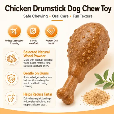 Chicken Drumstick Dog Chew Toy with Oral Care Texture Chicken drumstick dog chew toy with textured surface, wood powder material and oral care design