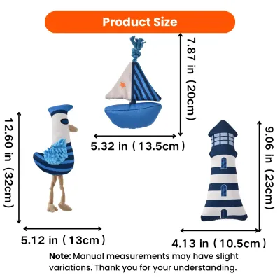 Product size chart for sailboat, seagull and lighthouse dog plush toys in inches and centimeters
