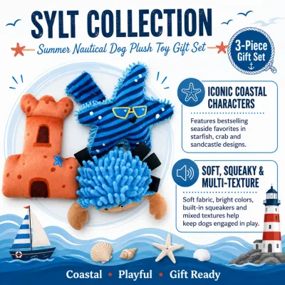 3-piece nautical dog plush toy set with starfish, crab and sandcastle characters, soft fabric, squeaker and multi-texture design