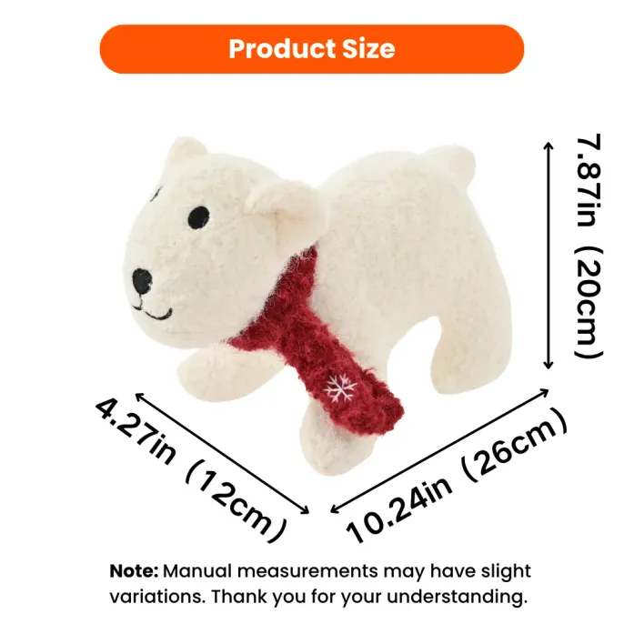 Christmas Felt Polar Bear Dog Toy Size Guide Christmas felt polar bear dog toy with red scarf, showing product size 10.24 x 4.27 x 7.87 inches