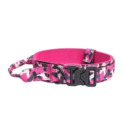Pink camouflage heavy-duty dog collar with padded interior, D-ring and black quick-release buckle on white background.