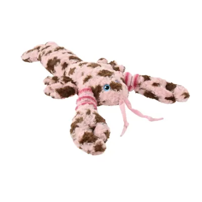 Pink Lobster Plush Dog Toy White Background Pink and brown lobster plush dog toy on a clean white background for wholesale pet product display.