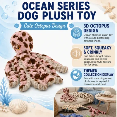 Ocean Series Octopus Dog Plush Toy Features Ocean series octopus dog plush toy with squeaky crinkle design and soft fabric