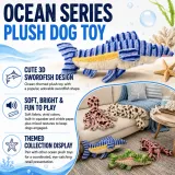 Ocean Series Swordfish Plush Dog Toy Features Ocean series plush dog toy with 3D swordfish design, squeaker, crinkle paper and soft fabric