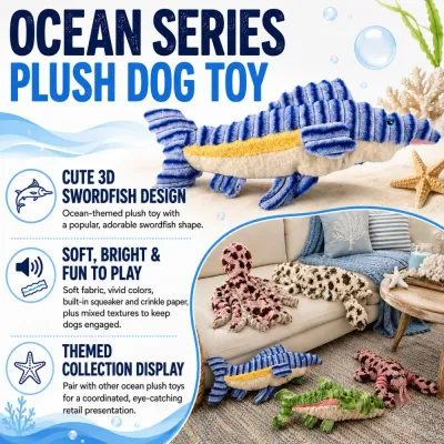 Ocean Series Swordfish Plush Dog Toy Features Ocean series plush dog toy with 3D swordfish design, squeaker, crinkle paper and soft fabric