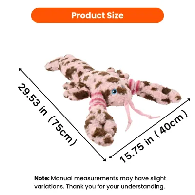 Lobster Plush Dog Toy Size Guide Size guide for pink lobster plush dog toy, measuring 29.53 inches long and 15.75 inches wide.