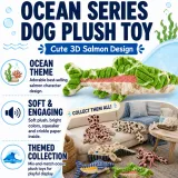 Ocean series dog plush toy with cute 3D salmon design, squeaker, crinkle paper and themed collection display
