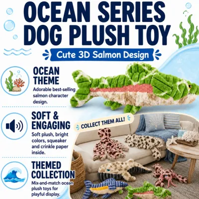 Ocean Series Salmon Plush Dog Toy Feature Image Ocean series dog plush toy with cute 3D salmon design, squeaker, crinkle paper and themed collection display