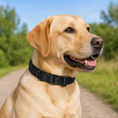Labrador Wearing Heavy Duty Dog Collar Outdoors Labrador wearing a black shock absorbing dog collar outdoors for walking and training.
