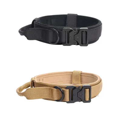 Black and Khaki Heavy Duty Dog Collars Black and khaki heavy duty dog collars with metal buckle on a white background.