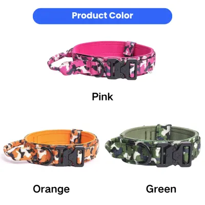 Product color chart showing pink, orange and green camouflage anti-pull dog collars for medium and large dogs.