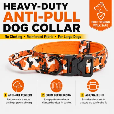 Heavy-duty anti-pull dog collar with reinforced fabric, cobra buckle, adjustable fit and no-choking comfort design.