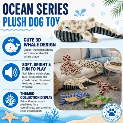 Ocean Series Whale Plush Dog Toy Features Ocean series whale plush dog toy with soft fabric squeaker and crinkle paper