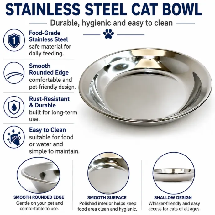Stainless Steel Cat Bowl Features Food-grade stainless steel cat bowl with smooth rounded edge, rust-resistant finish, shallow design, and easy-clean surface.