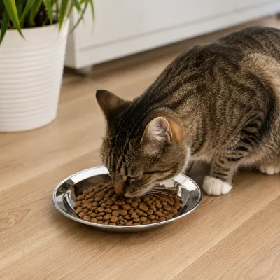 Cat Eating From Stainless Steel Bowl Tabby cat eating dry food from a stainless steel cat bowl on a wooden floor