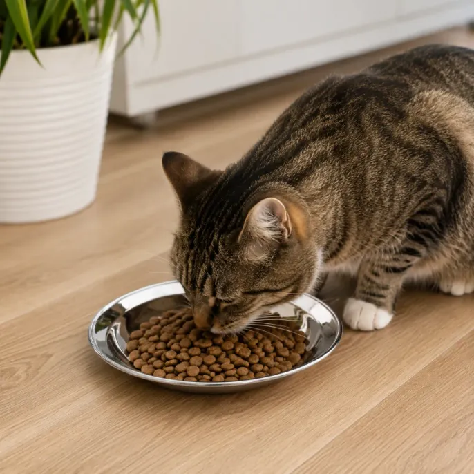 Cat Eating From Stainless Steel Bowl Tabby cat eating dry food from a stainless steel cat bowl on a wooden floor