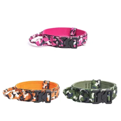 Pink, orange and green camouflage anti-pull dog collars with padded lining and black quick-release buckle.