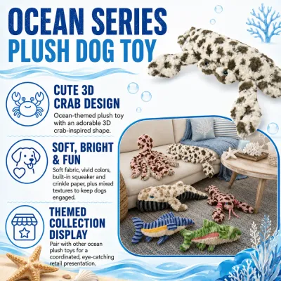 Ocean Series plush crab dog toy with squeaker, crinkle paper, soft fabric, and themed retail display features