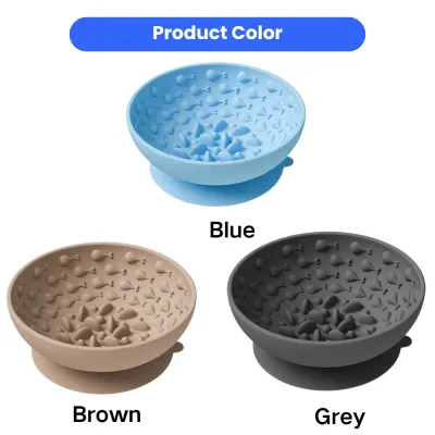 Blue, brown, and grey silicone slow feeder dog bowls with labeled color options.