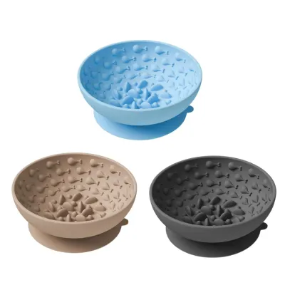 Silicone slow feeder dog bowls displayed in blue, brown, and grey color options.