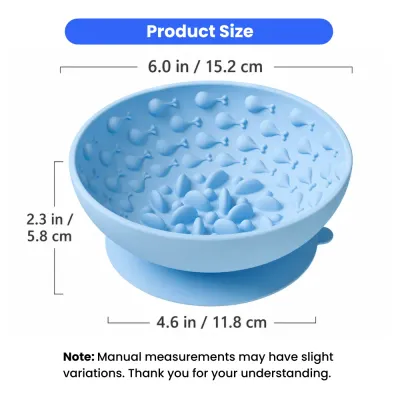 Silicone slow feeder dog bowl size chart showing 6 in width, 2.3 in height and 4.6 in suction base.