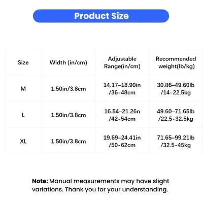 Size chart for heavy-duty anti-pull dog collar with M, L and XL adjustable range and recommended dog weight.