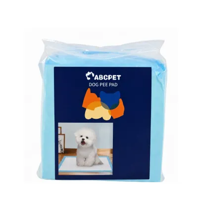 Wholesale Disposable Dog Training Pads Close-up of blue packaged dog pee pads with label and barcode, suitable for pet store inventory