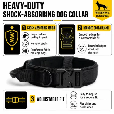 Shock Absorbing Dog Collar Features Heavy duty shock absorbing dog collar with rounded cobra buckle and adjustable fit for large dogs.