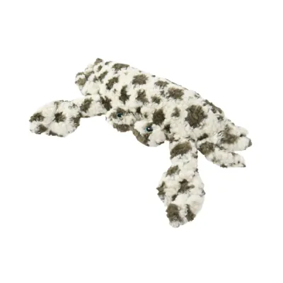 White and brown plush crab dog toy on a clean white background for wholesale pet product listing
