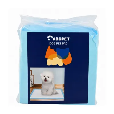 Wholesale Blue Dog Pee Pad Pack Packaged blue disposable dog pee pads with product label, designed for puppy training and floor protection